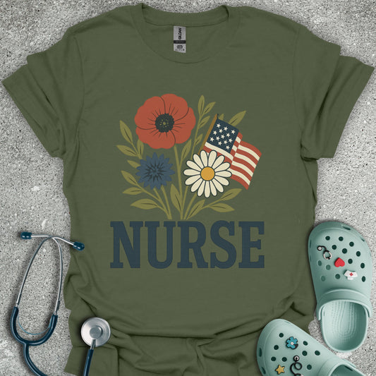 Patriotic Nurse And Flowers T-Shirt