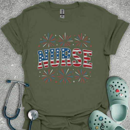 Patriotic Nurse And Fireworks T-Shirt