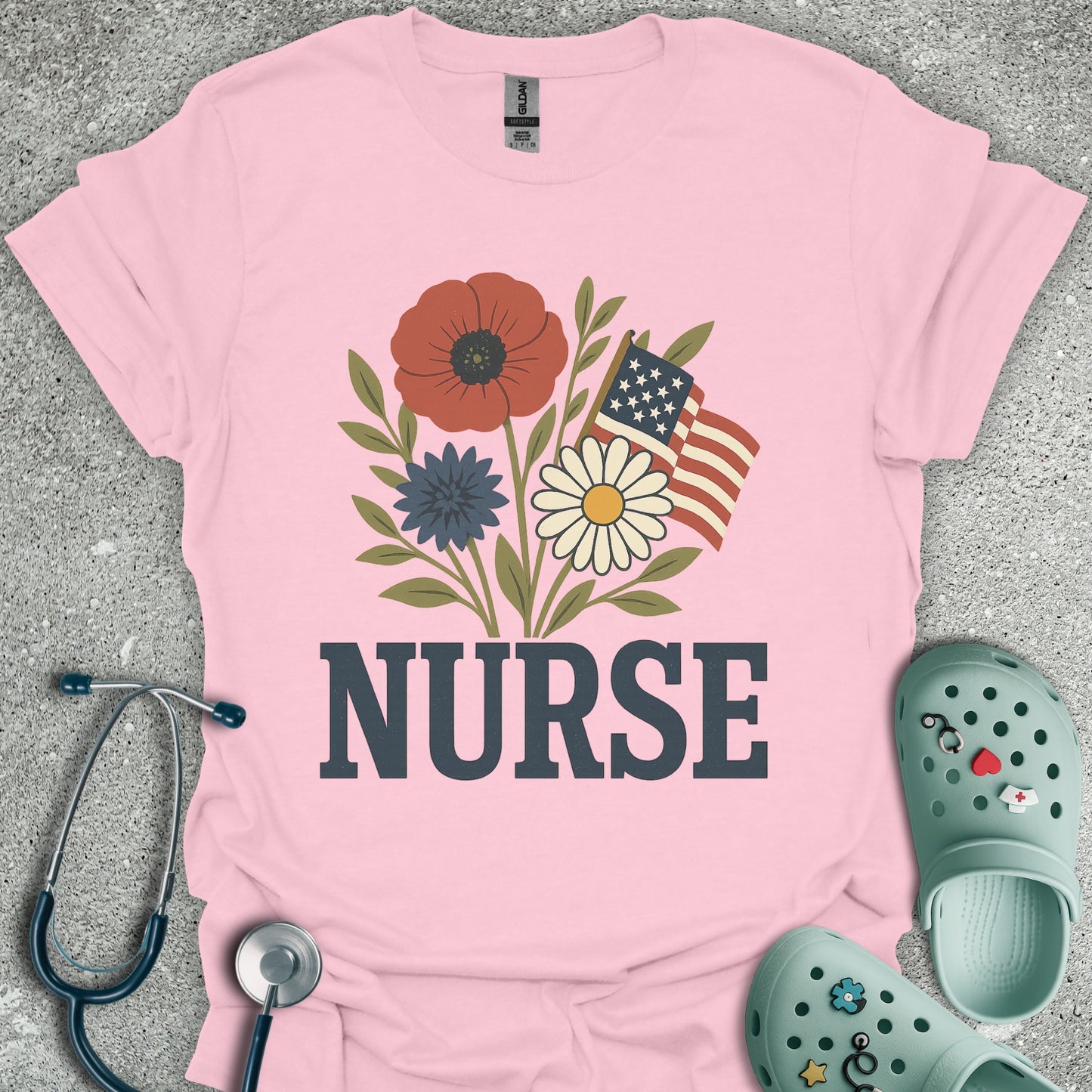 Patriotic Nurse And Flowers T-Shirt