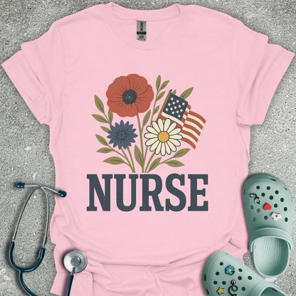 Patriotic Nurse And Flowers T-Shirt