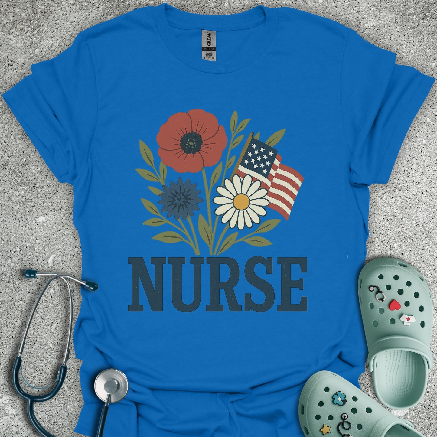 Patriotic Nurse And Flowers T-Shirt