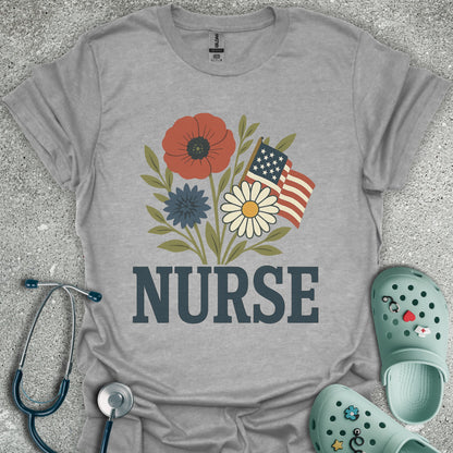 Patriotic Nurse And Flowers T-Shirt