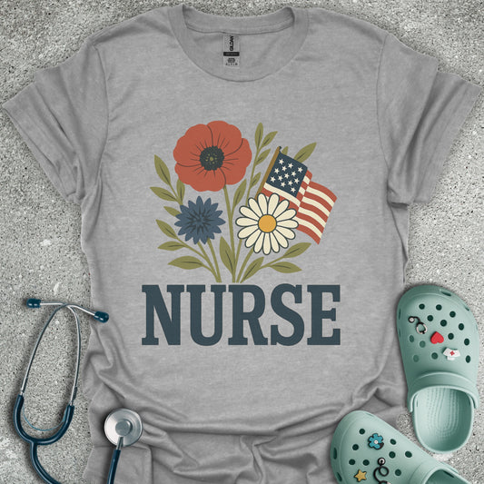 Patriotic Nurse And Flowers T-Shirt