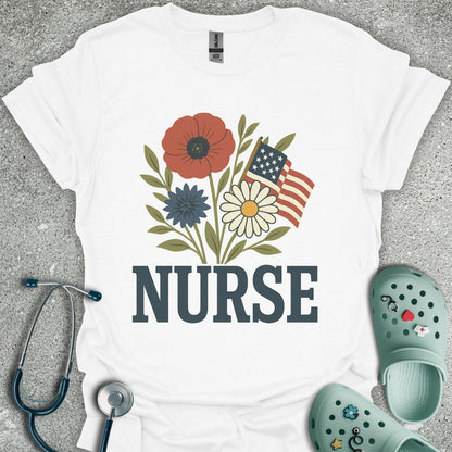 Patriotic Nurse And Flowers T-Shirt
